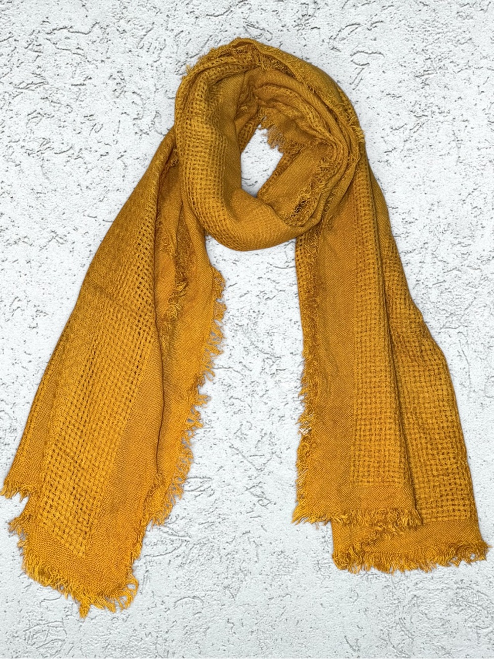 🌻Mustard Fringe Waffle Knit Scarf - Women Accessories
